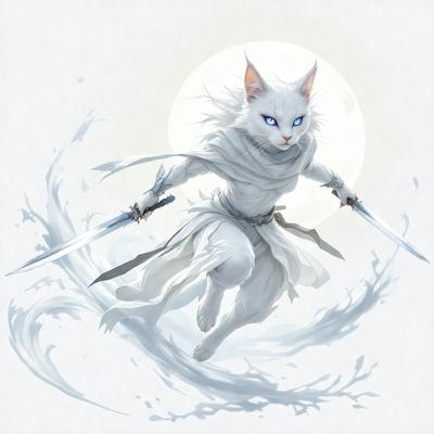 The primary subject of the image is a white cat with blue eyes, dressed in a white robe and holding two swords. The cat is flying through the air, creating a sense of motion and action. The setting is a night sky, which adds to the dramatic atmosphere of the scene. The visual style is a digital art or illustration, showcasing the cat's unique appearance and the intricate details of the robe and swords. The colors and mood of the image are predominantly dark and mysterious,